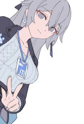 Rule 34 | 1girl, absurdres, aran sweater, black jacket, breasts, bronya zaychik, bronya zaychik (silverwing: n-ex), cable knit, cleavage, closed mouth, collarbone, commentary request, earrings, grey eyes, grey hair, grey sweater, hair between eyes, highres, honkai (series), honkai impact 3rd, jacket, jewelry, karame rise, lanyard, long hair, long sleeves, looking at viewer, medium breasts, open clothes, open jacket, ribbed sweater, simple background, smile, solo, sweater, upper body, v, white background