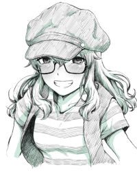 Rule 34 | 1girl, blouse, blush, cropped arms, cropped torso, fernandia malvezzi, green theme, greyscale, headwear request, liar lawyer, looking at viewer, luminous witches, monochrome, semi-rimless eyewear, shirt, smile, solo, strike witches, striped clothes, striped shirt, traditional media, under-rim eyewear, vest, white background, world witches series