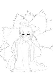 Rule 34 | 1girl, animal hat, blush, cube85, dress, eating, eyebrows, fluffy, fox tail, frilled sleeves, frills, full body, greyscale, hat, highres, large tail, lineart, long sleeves, mob cap, monochrome, multiple tails, packet, short hair, solo, squatting, tabard, tail, touhou, transparent background, wide sleeves, wrist cuffs, yakumo ran