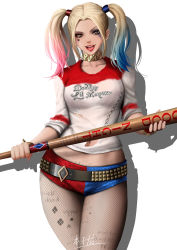 Rule 34 | baseball bat, batman (series), belt, blonde hair, bracelet, breasts, brown eyes, choker, clothes writing, cowboy shot, dc comics, ear piercing, earrings, eyeshadow, fishnet pantyhose, fishnets, gradient hair, harley quinn, heart, highres, holding, holding baseball bat, jewelry, lipstick, looking at viewer, makeup, medium breasts, multicolored clothes, multicolored hair, navel, open mouth, pantyhose, piercing, red lips, shirt, short shorts, shorts, solo, spiked bracelet, spikes, standing, suicide squad, tattoo, torn clothes, torn shirt, twintails, white background, zyl