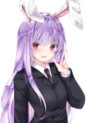 Rule 34 | 1girl, :d, animal ears, black jacket, blush, commentary request, dress shirt, hair between eyes, highres, index finger raised, jacket, long hair, looking at viewer, nanase nao, necktie, one-hour drawing challenge, open mouth, purple hair, purple necktie, rabbit ears, red eyes, reisen udongein inaba, shirt, sidelocks, simple background, smile, solo, suit jacket, teeth, touhou, upper body, upper teeth only, very long hair, white background, white shirt