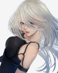 Rule 34 | 1girl, a2 (nier:automata), android, blue eyes, commentary, grey hair, hair between eyes, highres, long hair, looking at viewer, mitsuki nite, mole, mole under mouth, nier:automata, nier (series), parted lips, pink lips, simple background, solo, upper body, white background