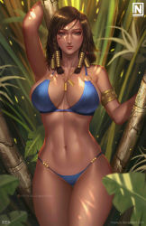 Rule 34 | 1girl, arm up, armlet, artist logo, artist name, bikini, blue bikini, braid, breasts, brown eyes, brown hair, cleavage, collarbone, commentary, cowboy shot, dark-skinned female, dark skin, deviantart username, egyptian, english commentary, eye of horus, facial tattoo, hair tubes, hand up, highres, jewelry, large breasts, lips, lipstick, looking at viewer, makeup, navel, necklace, nopeys, o-ring, o-ring bikini, overwatch, overwatch 1, paid reward available, patreon logo, pharah (overwatch), side braids, signature, solo, standing, stomach, swimsuit, tattoo, thigh gap, thighs, twin braids, watermark, web address