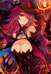 Rule 34 | 1girl, bare shoulders, black sclera, blazblue, breasts, casting spell, cleavage, colored sclera, detached sleeves, fire, fire, hand up, hat, hat over one eye, highres, konoe a. mercury, large breasts, levvellevvel, long hair, looking at viewer, magic, pink hair, solo, wide sleeves, witch hat, yellow eyes