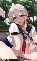 Rule 34 | 1boy, asymmetrical hair, bad id, bad pixiv id, bent over, blurry, blurry background, bulge, commentary request, corrin (fire emblem), corrin (male) (fire emblem), crossdressing, depth of field, eyelashes, fire emblem, fire emblem fates, hair between eyes, highres, holding, looking at viewer, male focus, nintendo, red eyes, red neckwear, sailor collar, sailor shirt, school swimsuit, shiny skin, shirt, short sleeves, silver hair, sitting, solo, swimsuit, swimsuit under clothes, thighs, trap, w (1999 kyu)