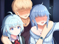 Rule 34 | 1boy, 2girls, :d, ahoge, arm around neck, black shirt, blonde hair, blue eyes, blue hair, blue shirt, blush, brown shirt, collared shirt, cross, cross necklace, cross tie, daito academy school uniform, dot nose, ear piercing, family, gem, highres, indoors, jewelry, light blue hair, long hair, low-tied sidelocks, magia record: mahou shoujo madoka magica gaiden, mahou shoujo madoka magica, multiple girls, necklace, necktie, no eyes, off-shoulder shirt, off shoulder, open mouth, parted lips, pearl necklace, piercing, portrait, purple gemstone, red necktie, school uniform, sena mikoto, shirt, short hair, short hair with long locks, sidelocks, smile, striped clothes, striped shirt, surprised, suzugahama, vertical-striped clothes, vertical-striped shirt, very short hair, watch, wide-eyed, wristwatch