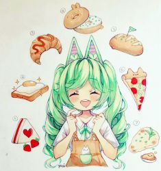 Rule 34 | 1girl, ^ ^, animal ears, animal print, anny (yoai), bow, bowtie, bread, bread slice, cat ears, cat print, closed eyes, collared shirt, commentary, croissant, doughnut, drill hair, drooling, english commentary, facing viewer, finger to mouth, flag, food, food art, fried egg, fried egg on toast, fruit, green bow, green bowtie, green hair, hair flaps, hands up, happy, highres, hungry, long hair, marker (medium), open mouth, original, overalls, photo (medium), pizza, pizza slice, sandwich, shirt, short sleeves, simple background, solo, strawberry, thinking, toast, traditional media, twin drills, twintails, twitter username, upper body