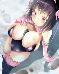 Rule 34 | 1girl, alicemagic, bare shoulders, between breasts, black hair, blush, boots, breasts, building, city, destruction, footprints, from above, giant, giantess, gloves, highres, huge giantess, landscape, large breasts, pink eyes, rabbit girl, ribbon, short hair, smile, solo, standing, thighhighs, tongue, tongue out