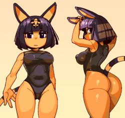 Rule 34 | 1girl, alternate costume, animal crossing, animal ears, ankha (animal crossing), arms up, ass, bare shoulders, black one-piece swimsuit, blonde hair, blue eyes, blue hair, blunt bangs, bob cut, breasts, cat ears, cat girl, cat tail, closed mouth, covered erect nipples, covered navel, dark-skinned female, dark skin, eyeshadow, female focus, from behind, furry, furry female, groin, hair ornament, half-closed eyes, jaggy lines, large breasts, looking at viewer, looking back, makeup, multicolored hair, multiple views, nintendo, oekaki, one-piece swimsuit, orange background, shiny clothes, shiny skin, short hair, simple background, snake hair ornament, standing, striped tail, swimsuit, tail, thick thighs, thighs, two-tone hair, wamudraws, wavy mouth, yellow background
