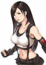 Rule 34 | 1girl, asymmetrical bangs, bare shoulders, black bra, black gloves, black hair, black skirt, bra, breasts, clenched hand, closed mouth, collarbone, crop top, earrings, elbow gloves, elbow pads, final fantasy, final fantasy vii, final fantasy vii remake, fingerless gloves, gloves, highres, jewelry, large breasts, long hair, makimura shunsuke, midriff, navel, red eyes, shirt, skirt, sleeveless, sleeveless shirt, smile, solo, sports bra, suspenders, tifa lockhart, underwear, upper body, white background, white shirt