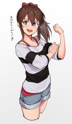 Rule 34 | 1girl, arm grab, bad id, bad pixiv id, biceps, black shirt, blue eyes, blue shorts, bow, bra strap, brown hair, commentary, cropped legs, denim, denim shorts, gradient background, grey background, hair bow, highres, idolmaster, idolmaster million live!, long sleeves, looking at viewer, medium hair, off-shoulder shirt, off shoulder, open mouth, ponytail, red bow, roivas, satake minako, shirt, short shorts, shorts, smile, solo, standing, striped clothes, striped shirt, translation request