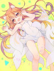 Rule 34 | 1girl, ahoge, animal ear fluff, animal ears, armpits, arms up, bad id, bad pixiv id, brown eyes, brown hair, claw pose, dress, fang, fox ears, fox tail, hair between eyes, highres, kitsune, kyuubi, legs, long hair, matching hair/eyes, multiple tails, open mouth, original, short dress, smile, solo, sundress, tail, tsuka, very long hair, white dress