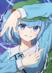 Rule 34 | 1girl, absurdres, backpack, bag, beckody, blue eyes, blue hair, blue shirt, breasts, commentary request, flat cap, frilled shirt collar, frills, green bag, green hat, grin, hair bobbles, hair ornament, hat, highres, jewelry, kawashiro nitori, key, key necklace, long sleeves, medium hair, necklace, puffy sleeves, shirt, small breasts, smile, solo, touhou, two side up