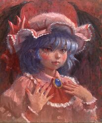 absurdres ascot bat_wings blue_hair brooch frilled_hat frills hat hat_ribbon highres jewelry lips misawa_hiroshi mob_cap oil_painting_(medium) painting_(medium) pink_hat red_ascot red_eyes remilia_scarlet ribbon short_hair slit_pupils touhou traditional_media wings wrist_cuffs