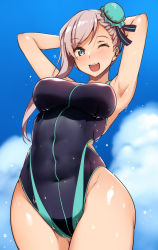 Rule 34 | 1girl, aqua eyes, armpits, arms behind head, arms up, asymmetrical hair, bare shoulders, black one-piece swimsuit, black ribbon, blue sky, blush, breasts, bun cover, clothing cutout, cloud, commentary, competition swimsuit, covered navel, cowboy shot, day, dripping, fate/grand order, fate (series), frills, from below, gluteal fold, groin, hair bun, hair ribbon, happy, highleg, highleg swimsuit, highres, hip focus, large breasts, legs together, long hair, looking at viewer, looking down, miyamoto musashi (fate), miyamoto musashi (fate/grand order), miyamoto musashi (swimsuit berserker) (fate), miyamoto musashi (swimsuit berserker) (first ascension) (fate), one-piece swimsuit, one eye closed, open mouth, outdoors, ribbon, shiny skin, side bun, side cutout, sidelocks, silver hair, single side bun, single sidelock, sky, smile, solo, standing, swept bangs, swimsuit, teeth, thighs, tokiwa midori (kyokutou funamushi), upper teeth only, water drop, wet