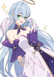 Rule 34 | 1girl, absurdres, aqua eyes, bare shoulders, blue hair, braid, detached sleeves, dress, earrings, facial mark, gloves, hair between eyes, halo, head wings, highres, honkai: star rail, honkai (series), jewelry, looking at viewer, open mouth, purple dress, robin (honkai: star rail), short sleeves, simple background, smile, solo, sparkle, white background, white dress, white gloves, wings, yue liii