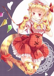 Rule 34 | 10s, 1girl, alternate costume, animal ears, animal print, blonde hair, blush, bow, breasts, cat ears, fang, flandre scarlet, frilled skirt, frills, full body, fur trim, hat, hat ribbon, heart, high-waist skirt, high heels, highres, kanzakietc, kemono friends, kemonomimi mode, miniskirt, mob cap, parody, patterned background, paw pose, plaid, plaid background, puffy short sleeves, puffy sleeves, pumps, purple background, red eyes, red footwear, ribbon, shirt, shoes, short sleeves, skirt, small breasts, smile, solo, suspender skirt, suspenders, tail, thighhighs, touhou, unmoving pattern, white background, white shirt, wings, yin yang, zettai ryouiki