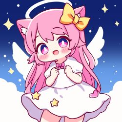 Rule 34 | 1girl, :d, absurdres, angel wings, animal ears, blush, bow, changkiwi, cloud, dress, hair bow, halo, highres, long hair, looking at viewer, open mouth, pink eyes, pink hair, self-upload, shirt, short sleeves, sky, smile, sparkle, white shirt, wings