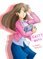 Rule 34 | 1girl, arm up, breasts, brown hair, character name, earrings, female focus, green eyes, hand on own head, hand up, highres, jacket, jewelry, long hair, looking at viewer, ronin warriors, shorts, solo, standing, sunrise (company), wind, wind lift, yagyu nasuti, yoroiden samurai troopers