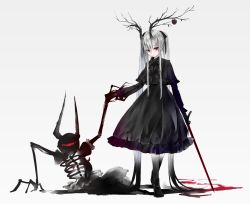 Rule 34 | 1girl, absurdly long hair, apple, black bow, black dress, bleeding, blood, bone, bow, branch, closed mouth, dress, dripping, food, fruit, highres, holding, holding hands, holding sword, holding weapon, horns, long hair, necromancer, original, red eyes, ribs, sanamisa, skeleton, standing, sword, twintails, undead, very long hair, weapon