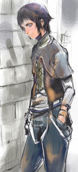 Rule 34 | 1boy, belt, black hair, brick wall, buckle, capelet, closed mouth, cross-laced clothes, hand in pocket, head tilt, long sleeves, looking away, looking down, male focus, pants, rush sykes, sidelocks, grey eyes, sketch, solo, standing, sweatband, the last remnant, tm jirou, turtleneck, vest, wristband