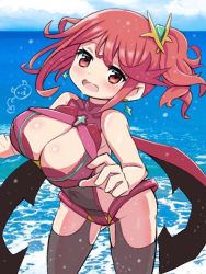 Rule 34 | 1girl, alternate costume, bikini, breasts, chest jewel, cleavage, earrings, jewelry, large breasts, ma2acworks, ocean, pyra (xenoblade), red eyes, red hair, short hair, side ponytail, solo, swept bangs, swimsuit, xenoblade chronicles (series), xenoblade chronicles 2