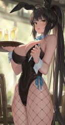 Rule 34 | 1girl, absurdres, animal ears, bare arms, bare shoulders, black hair, black leotard, blue archive, blue bow, blue bowtie, blush, bow, bowtie, breasts, brown eyes, cleavage, commentary request, covered navel, cowboy shot, dark-skinned female, dark skin, detached collar, drink, fake animal ears, fake tail, fishnet pantyhose, fishnets, food, fruit, glass, goback, highleg, highleg leotard, highres, holding, holding pen, holding tray, karin (blue archive), karin (bunny) (blue archive), large breasts, lemon, lemon slice, leotard, long hair, looking at viewer, official alternate costume, pantyhose, parted lips, pen, playboy bunny, ponytail, rabbit ears, rabbit tail, raised eyebrows, side-tie leotard, sidelocks, solo, standing, straight hair, strapless, strapless leotard, tail, thighs, tray, very long hair, white wrist cuffs, wrist cuffs