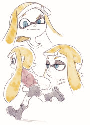 Rule 34 | 1girl, :|, bike shorts, black footwear, black shorts, blonde hair, blue eyes, blue pupils, boots, closed mouth, cross-laced footwear, half-closed eyes, highres, inkling, inkling girl, inkling player character, lace-up boots, leg up, long hair, long sleeves, looking at viewer, nintendo, pointy ears, raised eyebrow, running, shorts, simple background, smile, solo, splatoon (series), suction cups, tentacle hair, ukata, uneven eyes, very long hair, white background
