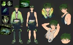 Rule 34 | 1boy, belt, black shirt, black shorts, chain, chain necklace, character sheet, chibi, cross, cross earrings, crosshair eyes, dots, earrings, frog, frown, goggles, green belt, green hair, green jacket, grey eyes, hands behind, head on hand, heart, heart necklace, jacket, jewelry, leggings, looking aside, looking at viewer, mikkoukun, necklace, one earring, original, photo-referenced, photo (medium), poses, ribcage, ribcage vest, shirt, shoes, shorts, skinny, sleeveless, sleeveless shirt, smile, sneakers, solo, sparkle, standing, stitched clothes, translucent, vest, white shirt