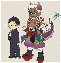 Rule 34 | 2boys, baggy pants, bandaged arm, bandages, bara, bare shoulders, dark-skinned male, dark skin, demon boy, demon boy (kiri futoshi), dragon horns, dragon tail, earrings, full body, hands on own hips, height difference, horns, jewelry, kiri futoshi, large pectorals, looking at viewer, male focus, mature male, midriff sarashi, monocle, multiple boys, multiple horns, muscular, muscular male, oni, original, pants, pectoral cleavage, pectorals, round eyewear, sarashi, seductive smile, short hair, single earring, skin-covered horns, sleeveless, smile, squiggle, tail, tail raised, thick eyebrows, tusks, upper body