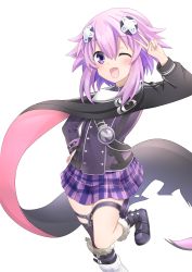 Rule 34 | 1girl, :d, absurdres, blush, boots, cape, checkered clothes, checkered skirt, d-pad, d-pad hair ornament, flat chest, hair ornament, hand on own hip, highres, jacket, long sleeves, naoya (naoya ee), neptune (neptunia), neptune (series), one eye closed, open mouth, plaid, plaid skirt, purple eyes, purple hair, purple jacket, purple skirt, short hair, sidelocks, simple background, single thighhigh, skirt, smile, solo, thigh strap, thighhighs, v, white background