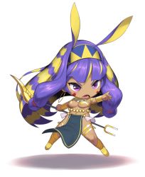 Rule 34 | animal ears, blonde hair, blunt bangs, chibi, dark-skinned female, dark skin, earrings, egyptian, egyptian clothes, facepaint, facial mark, fate/grand order, fate (series), full body, hairband, hakai shin, hoop earrings, jackal ears, jewelry, long hair, low-tied long hair, multicolored hair, nitocris (fate), nitocris (third ascension) (fate), open mouth, pelvic curtain, purple hair, simple background, solo, tagme, two-tone hair, usekh collar, v-shaped eyebrows, very long hair, white background