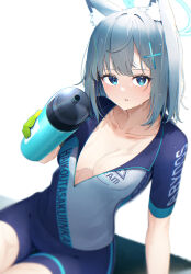 Rule 34 | 1girl, absurdres, animal ear fluff, animal ears, ao12073010, biker clothes, blue archive, blue eyes, blurry, bottle, breasts, cleavage, collarbone, commentary request, cross hair ornament, depth of field, giving, grey hair, hair between eyes, hair ornament, halo, highres, holding, holding bottle, leaning back, looking at viewer, medium breasts, medium hair, mismatched pupils, official alternate costume, plastic bottle, reaching, reaching towards viewer, shiroko (blue archive), shiroko (cycling) (blue archive), short sleeves, sidelocks, simple background, sitting, solo, sweat, wet, wet clothes, white background, wolf ears, wolf girl