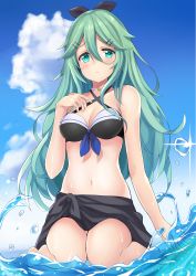 Rule 34 | 10s, 1girl, absurdres, adapted costume, aqua eyes, aqua hair, bikini, black ribbon, blue ribbon, blue sky, blush, breasts, choker, cleavage, cloud, commentary request, day, front-tie bikini top, front-tie top, hair between eyes, hair ornament, hair ribbon, hairclip, highres, kantai collection, long hair, looking at viewer, medium breasts, nagiha kuten, navel, ribbon, sarong, sitting, skirt, sky, solo, swimsuit, wariza, water, yamakaze (kancolle)