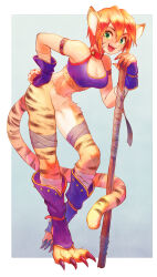 Rule 34 | 1girl, animal ears, breasts, breath of fire, breath of fire ii, bustier, cat ears, cleavage, facial mark, full body, gloves, green eyes, highres, holding, holding stick, holding weapon, looking at viewer, medium breasts, navel, open mouth, orange hair, pointy ears, rinpoo chuan, short hair, smile, solo, stick, tail, tiger stripes, tiger tail, weapon, yuza