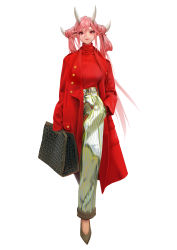 Rule 34 | 1girl, absurdres, bag, breasts, brown footwear, charles (106858), coat, copyright request, full body, hair between eyes, hand in pocket, high heels, highres, holding, horns, long hair, long sleeves, looking at viewer, pants, pink hair, pointy ears, red coat, red eyes, red shirt, red sweater, shiny clothes, shirt, shirt tucked in, simple background, smile, solo, standing, sweater, turtleneck, turtleneck sweater, very long hair, white background