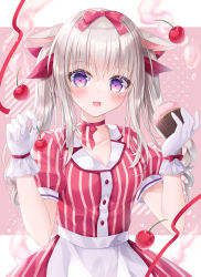 Rule 34 | 1girl, :d, animal ears, apron, blush, bow, breasts, cherry, choker, cleavage, collarbone, collared shirt, commentary request, cupcake, dress shirt, food, fruit, gloves, grey hair, hair between eyes, hair bow, hands up, highres, holding, holding food, kohinata hoshimi, long hair, md5 mismatch, medium breasts, open mouth, original, puffy short sleeves, puffy sleeves, purple eyes, rabbit ears, red bow, red choker, red shirt, red skirt, resolution mismatch, ringlets, shirt, short sleeves, skirt, smile, solo, source smaller, striped clothes, striped shirt, striped skirt, twintails, vertical-striped clothes, vertical-striped shirt, vertical-striped skirt, waist apron, white apron, white gloves