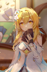 Rule 34 | 1girl, arm at side, blurry, blurry background, blush, breasts, card, chinese commentary, closed mouth, clothing cutout, commentary, detached sleeves, dress, flower, genius invokation tcg, genshin impact, hair between eyes, hair flower, hair ornament, halter dress, halterneck, hand up, highres, holding, holding card, lily (flower), looking at viewer, lumine (genshin impact), medium breasts, scarf, shanshanziyu, short hair with long locks, sidelocks, sleeveless, sleeveless dress, smile, solo, upper body, white dress, white flower, white scarf, white sleeves, yellow eyes