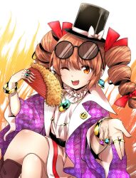 Rule 34 | 1girl, ;d, black hat, bow, bracelet, commentary request, commission, crossed legs, drill hair, earrings, eyewear on head, folding fan, fur trim, hand fan, hat, hat bow, highres, holding, holding fan, jewelry, looking at viewer, naegi (naegidokoro), one eye closed, open mouth, orange eyes, orange hair, pendant, ring, round eyewear, sitting, skeb commission, smile, solo, sunglasses, top hat, touhou, twin drills, white background, white bow, yorigami jo&#039;on