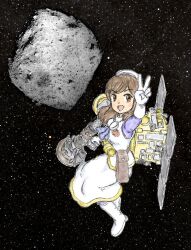 Rule 34 | 1girl, asteroid, beret, boots, brown eyes, brown hair, deep space probe, full body, gloves, hat, hayabusa 2 (spacecraft), knee boots, looking at viewer, masa 06r, mecha musume, open mouth, original, personification, satellite dish, skirt, sky, solar panel, solo, space, star (sky), starry sky, v, white gloves, white hat, white skirt