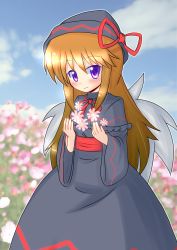 Rule 34 | 1girl, bow, female focus, flower, hat, highres, lily black, lily white, long hair, purple eyes, smile, solo, tk46, touhou, wings