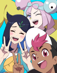 Rule 34 | 1boy, 2girls, :d, ;d, absurdres, aqua background, asada yo, black hair, black hat, blush, bow-shaped hair, character hair ornament, closed eyes, commentary request, cowlick, creatures (company), dark-skinned male, dark skin, double v, fingernails, game freak, green jacket, hair ornament, hairclip, hand up, hands up, happy, hat, highres, iono (pokemon), jacket, liko (pokemon), multicolored hair, multiple girls, nintendo, one eye closed, open clothes, open jacket, open mouth, pokemon, pokemon (anime), pokemon horizons, roy (pokemon), shirt, smile, teeth, tongue, two-tone hair, upper teeth only, v, white shirt, yellow bag