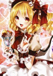 Rule 34 | 1girl, absurdres, alternate costume, alternate headwear, apron, blonde hair, blush, dress, drill hair, fang, flandre scarlet, food, hairband, heart, heart-shaped pupils, highres, huge filesize, ice cream, looking at viewer, nail polish, open mouth, puffy sleeves, red eyes, ribbon, sash, scan, shanghai bisu, short hair, short sleeves, side ponytail, smile, solo, sparkle, spoon, symbol-shaped pupils, touhou, waist apron, wings, wrist cuffs
