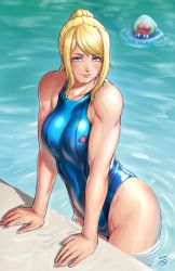 Rule 34 | 1girl, adapted costume, biceps, blonde hair, competition swimsuit, finalcake, highleg, highleg swimsuit, highres, innertube, metroid, metroid (creature), mole, mole under mouth, muscular, muscular female, nintendo, one-piece swimsuit, partially submerged, pool, samus aran, smile, swim ring, swimsuit, toned, water, wet, wet hair, zero suit