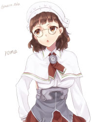Rule 34 | 10s, 1girl, :o, ascot, brown eyes, brown hair, capelet, character name, glasses, headdress, kantai collection, long sleeves, maruki (punchiki), pince-nez, roma (kancolle), short hair, simple background, solo, twitter username, upper body, wavy hair, white background