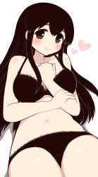 Rule 34 | 1girl, akagi (kancolle), bare shoulders, black bra, black hair, black panties, blush, bra, breasts, brown eyes, commentary request, cowboy shot, flat color, heart, high contrast, highres, kantai collection, large breasts, lingerie, long hair, looking at viewer, navel, panties, shadow, simoyuki, smile, solo, thighs, underwear, underwear only, very long hair, white background