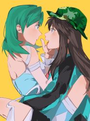 Rule 34 | 2girls, aqua dress, aqua eyes, aqua hair, bare back, bare shoulders, blush, breasts, brown hair, creatures (company), dress, face-to-face, game freak, green headwear, green jacket, hair ornament, halter dress, halterneck, hand on another&#039;s face, hat, highres, holding person, jacket, kris (pokemon), kris (sygna suit) (pokemon), leaf (pokemon), leaf (sygna suit) (pokemon), long hair, looking at another, medium hair, mei (manjunii), multiple girls, nintendo, official alternate costume, pokemon, pokemon masters ex, shorts, shorts under dress, side slit, small breasts, tongue, tongue out, wrist cuffs, yellow background, yuri