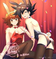 Rule 34 | 2boys, animal ears, ass, back, bishounen, black hair, blue dress, blush, bow, bowtie, brown hair, confetti, dated, dress, english text, feet out of frame, fishnet thighhighs, fishnets, frown, hand on another&#039;s shoulder, happy birthday, highres, looking at viewer, male focus, manjoume jun, medium hair, multiple boys, orange eyes, pectoral cleavage, pectorals, rabbit boy, rabbit ears, rabbit tail, red bow, red bowtie, red curtains, red dress, sk816, sweatdrop, tail, thighhighs, white bracelet, yu-gi-oh!, yu-gi-oh! gx, yuki judai
