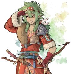 Rule 34 | 1girl, androgynous, arm up, arm wrap, armor, bow (weapon), commission, day, ear piercing, fang, feathers, fur trim, green hair, hand on own hip, headband, highres, long hair, looking at viewer, open mouth, orange eyes, original, outdoors, peter eastwood, piercing, red headband, scar, sheath, sheathed, solo, standing, sword, tan, tassel, weapon, white background