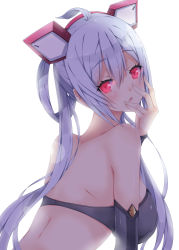 Rule 34 | 1girl, ahoge, black bra, bra, detached sleeves, hair between eyes, hairband, lens flare, long hair, looking at viewer, looking back, matoi (pso2), milkpanda, open mouth, phantasy star, phantasy star online 2, red eyes, red hairband, silver hair, simple background, solo, strapless, strapless bra, twintails, underwear, upper body, very long hair, white background